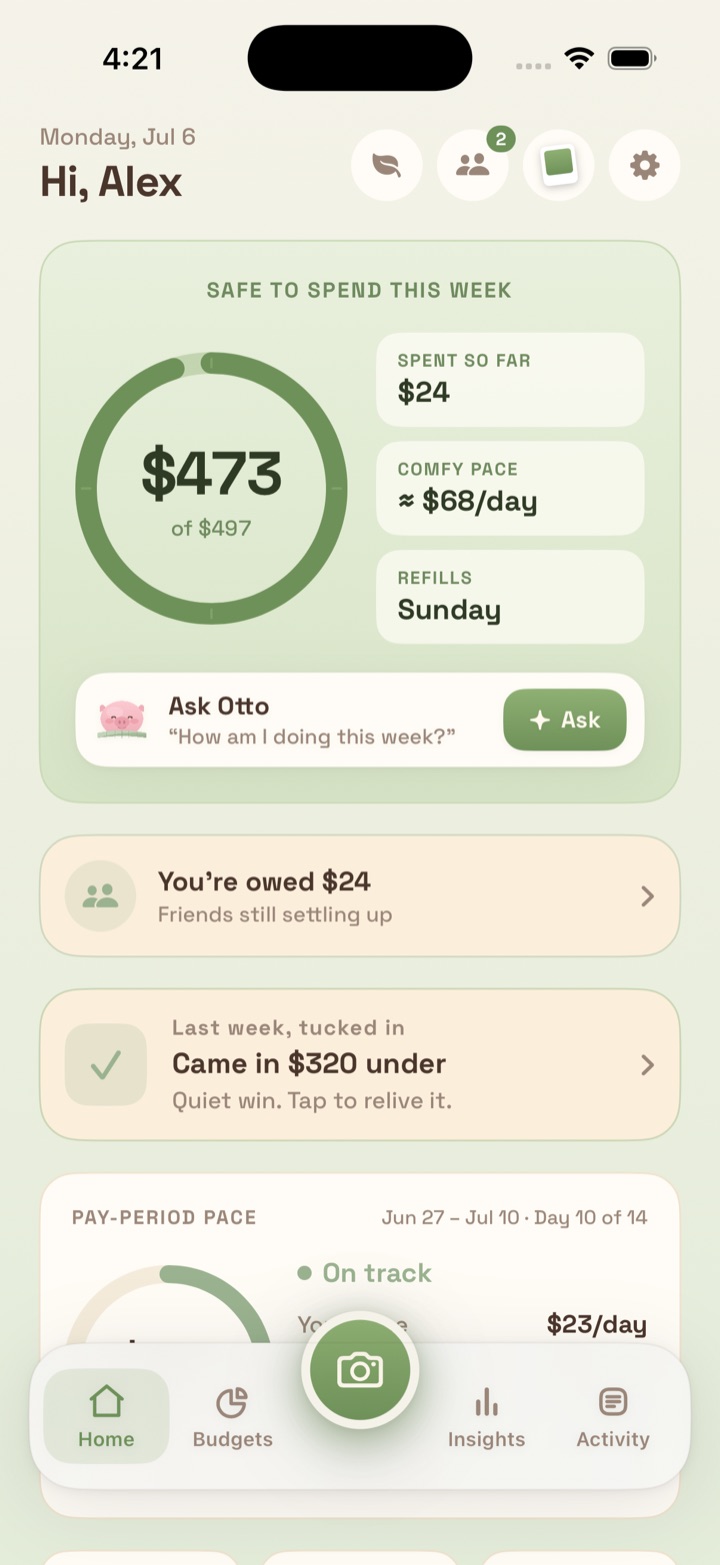 Comfy Budgets home screen showing $473 safe to spend this week