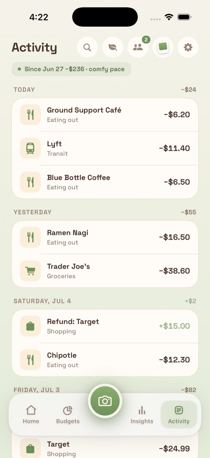Activity feed of transactions grouped by day
