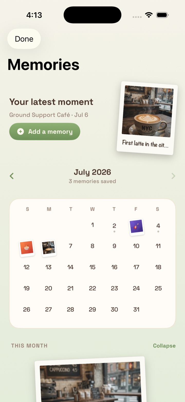 Memories screen with polaroid photos on a calendar
